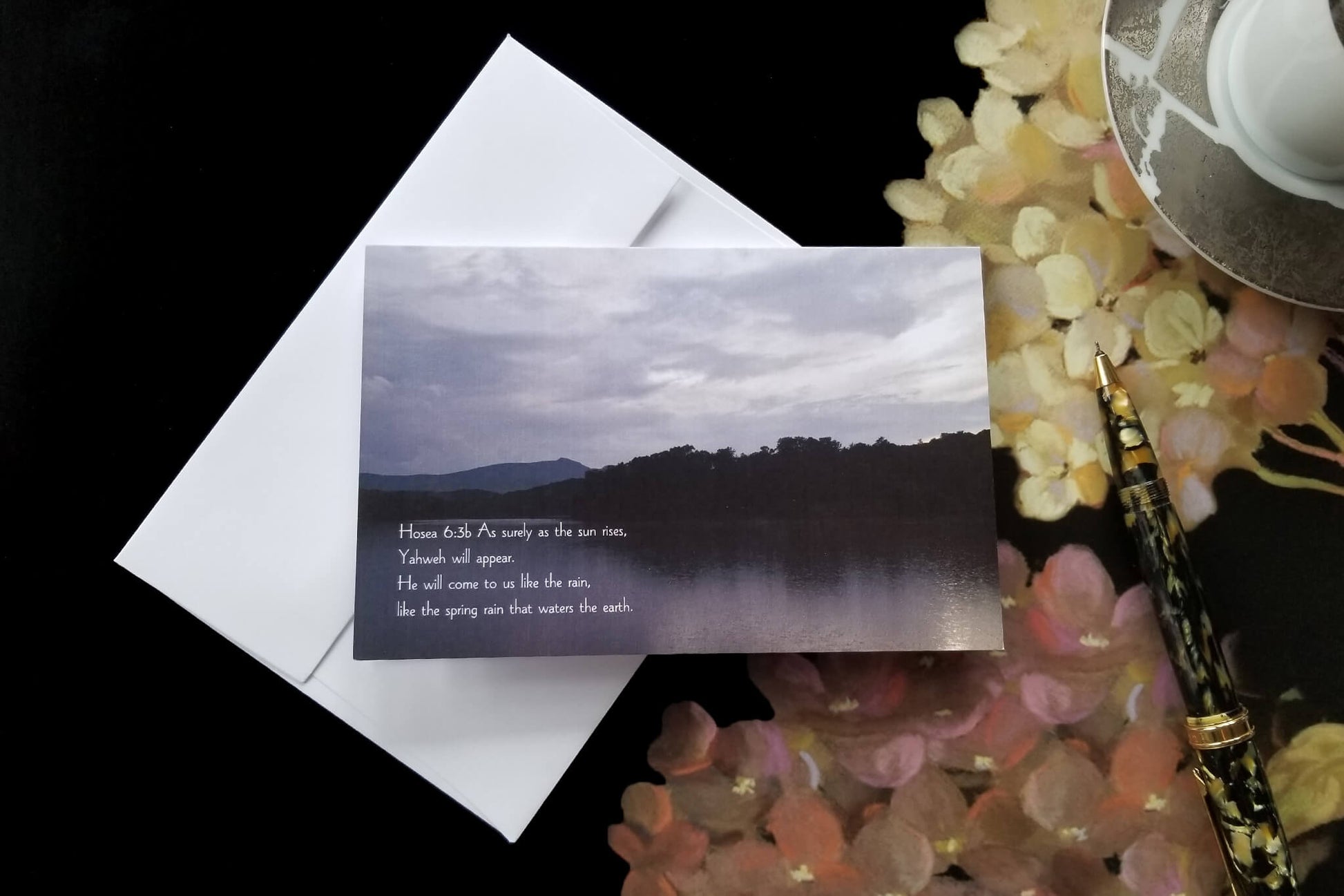 Hosea 6:3b Rain Drops on Price Lake FW Christian greeting card