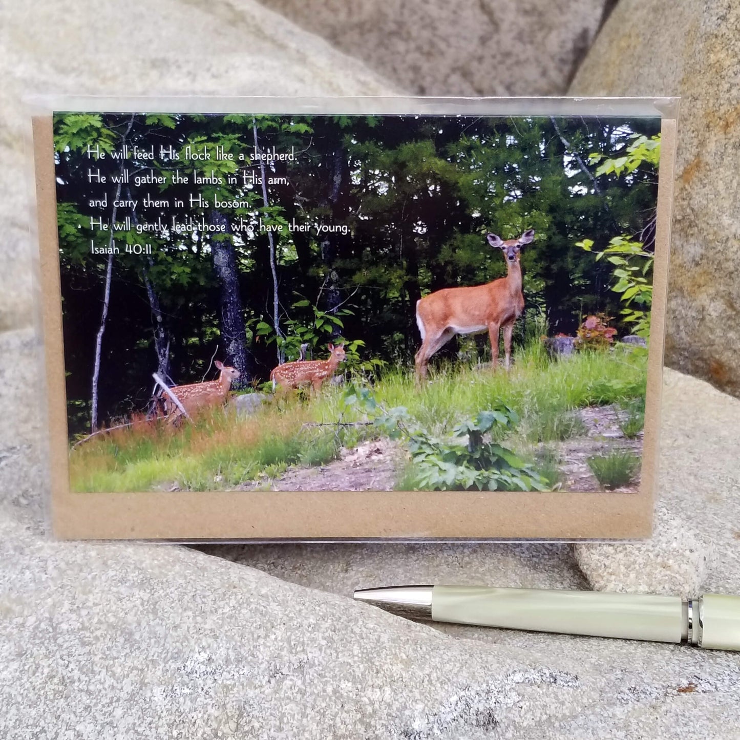 Isaiah 40:11 Doe and twins eco Christian greeting card