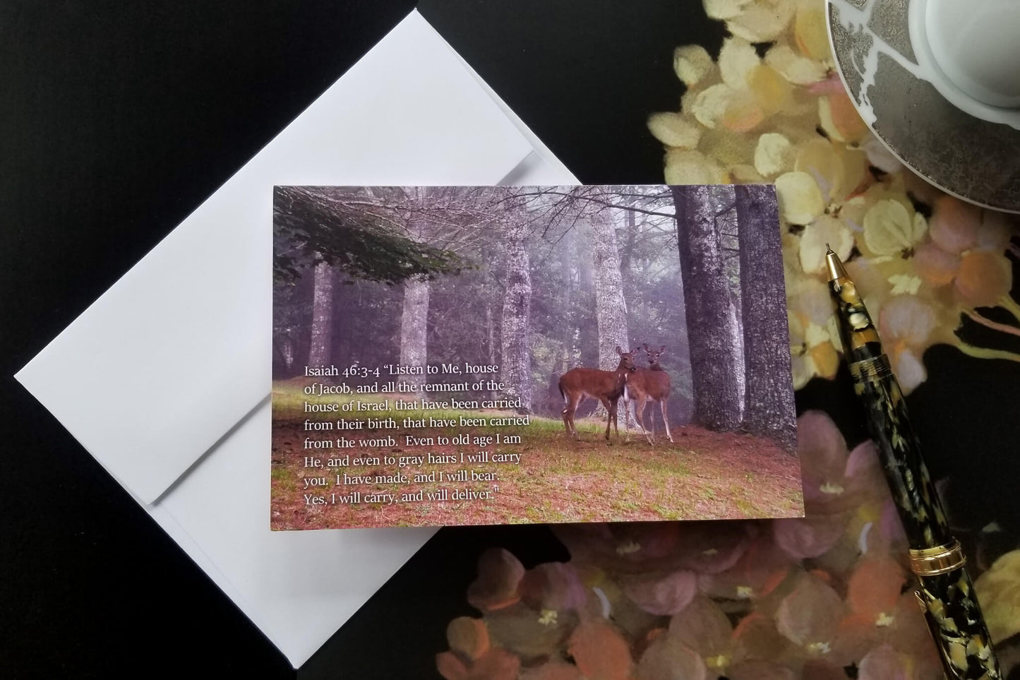 Isaiah 46:3-4 Snuggling Deer FW Christian greeting card