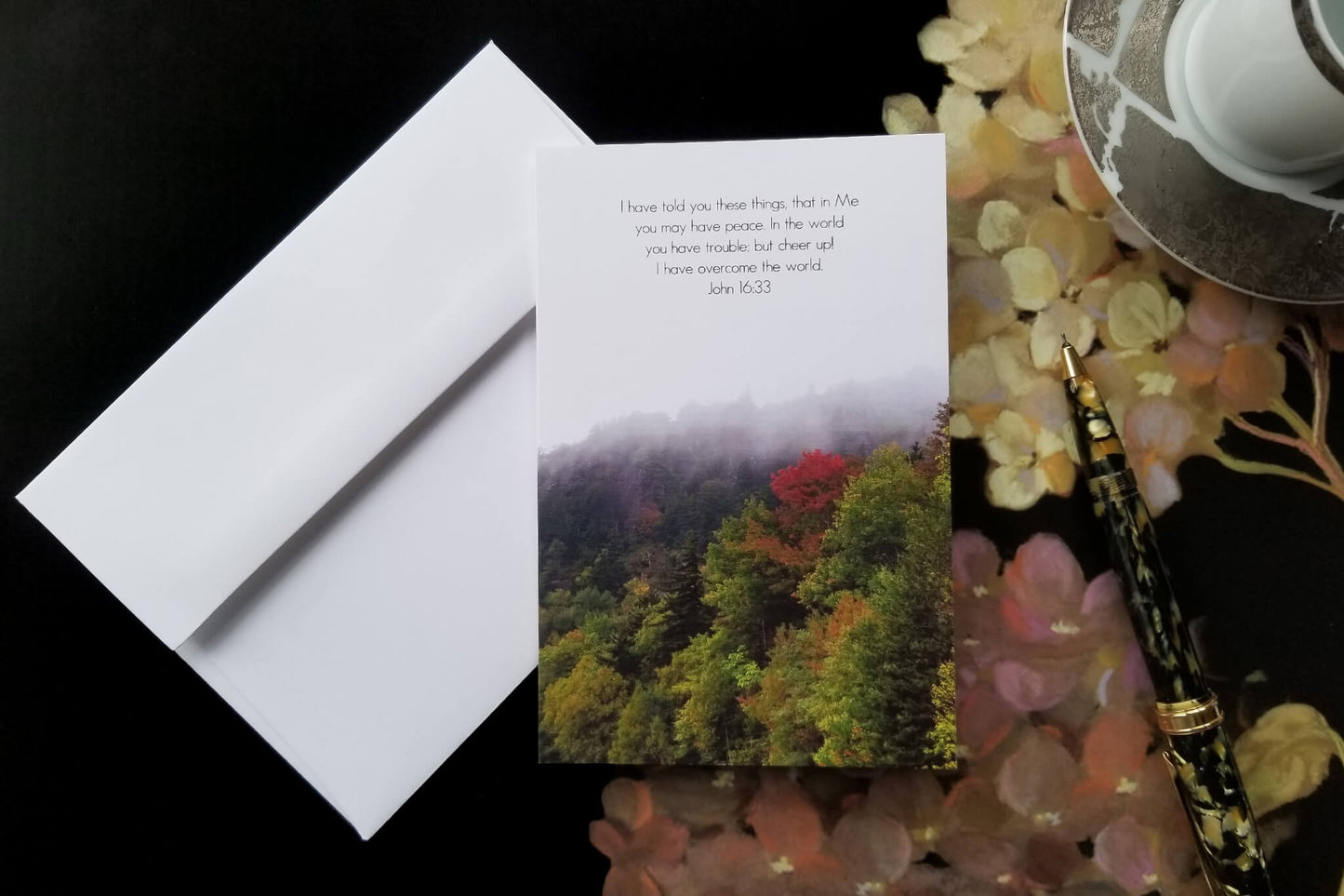 John16v33 Red Tree Blazing through Foggy Parkway FW Christian greeting card