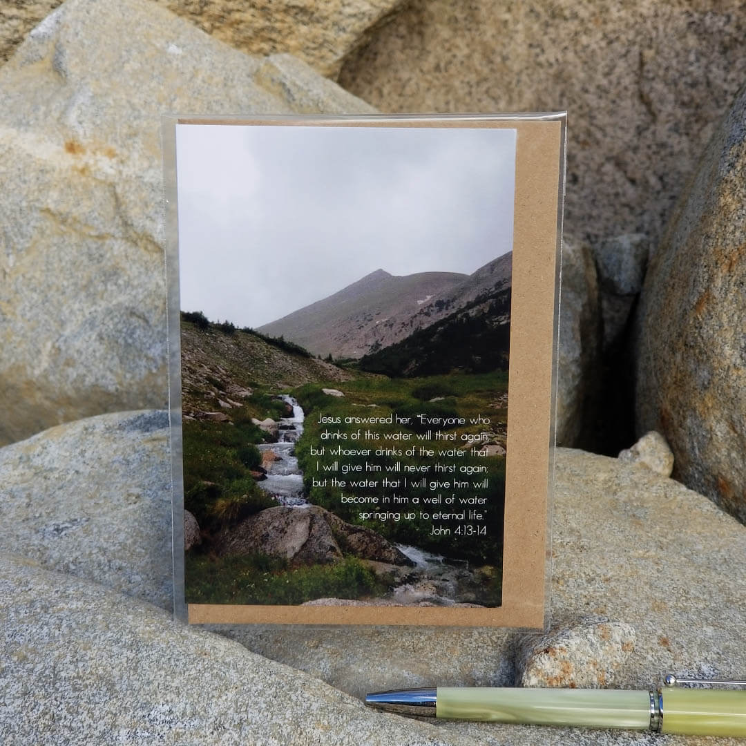 John 4 Mountain Stream Barnabas Notes Travels eco Christian greeting card