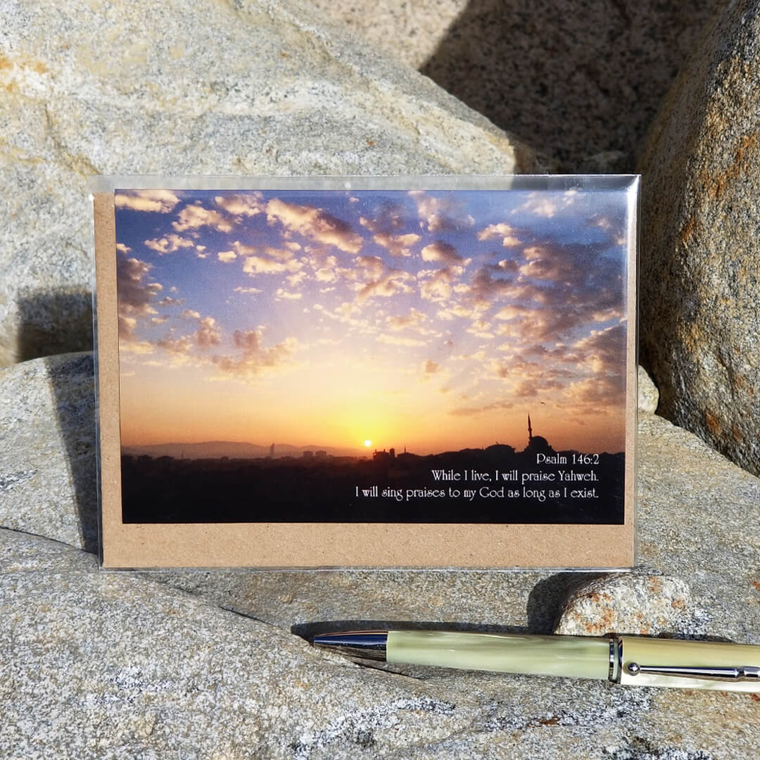 Psalm 146 City at Sunrise Barnabas Notes Travels eco Christian greeting card