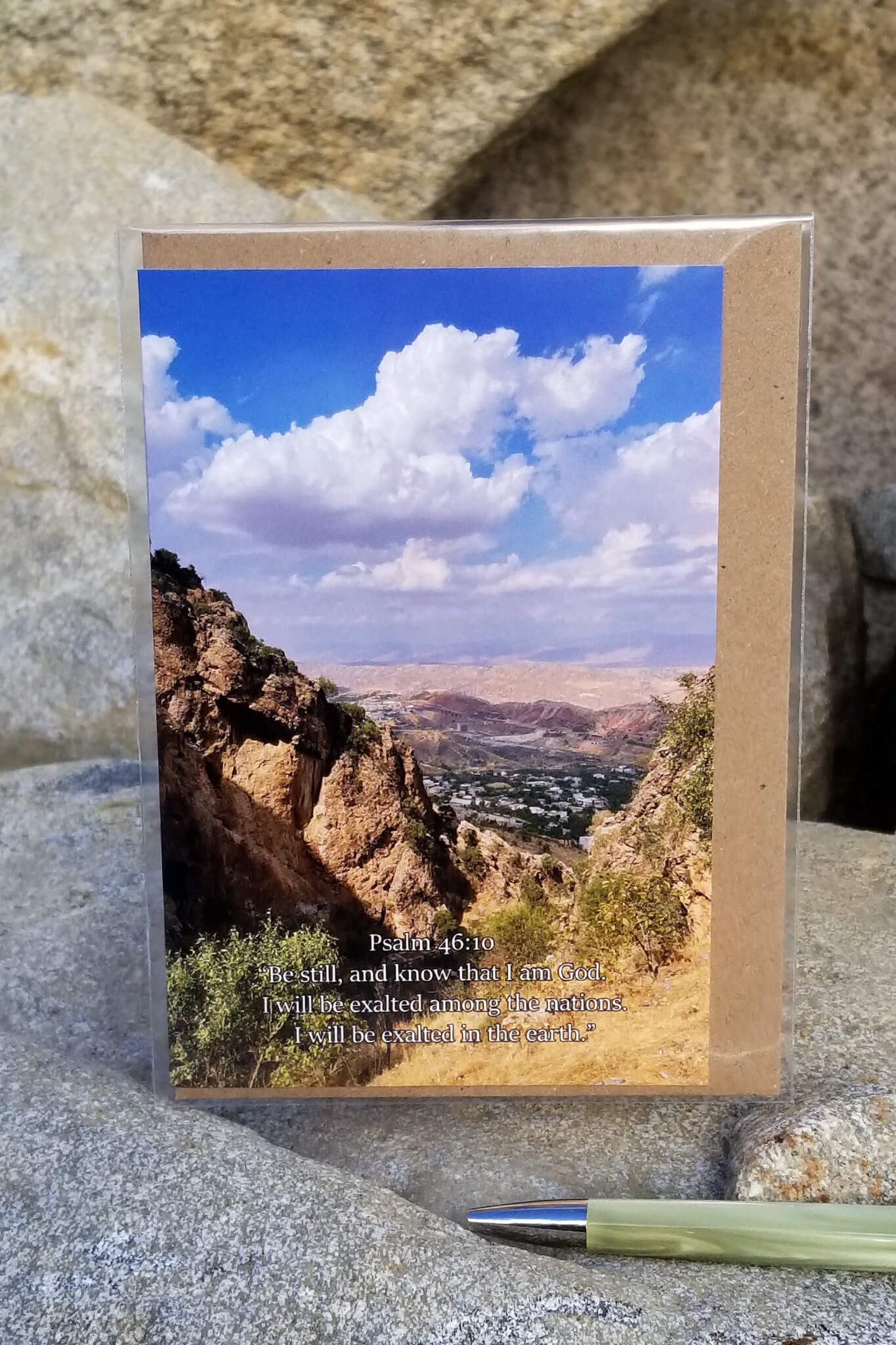 Psalm 46:10 Mountain Village Barnabas Notes Travels eco Christian greeting card
