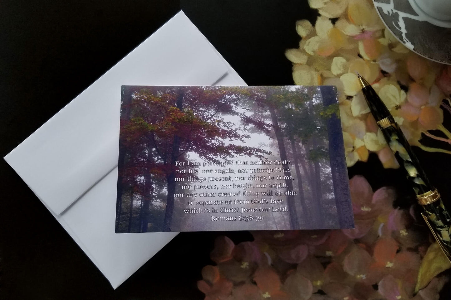 Romans 8:38-39 Foggy Fall Morning FW Christian greeting card