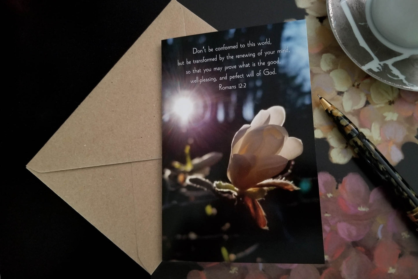 Romans 12:2 Magnolia Bud at Sunset eco Christian greeting card