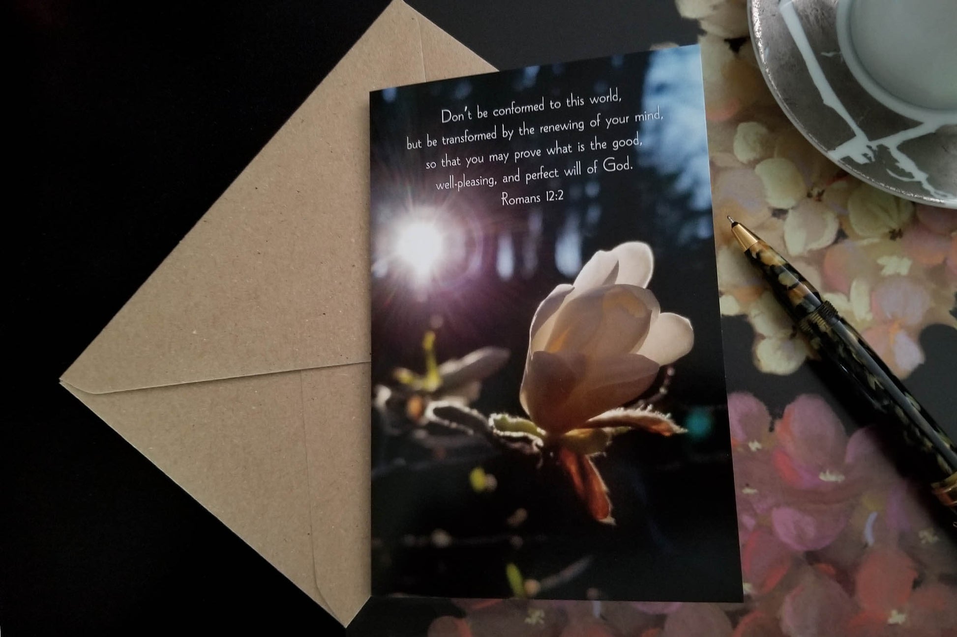 Romans 12:2 Magnolia Bud at Sunset eco Christian greeting card