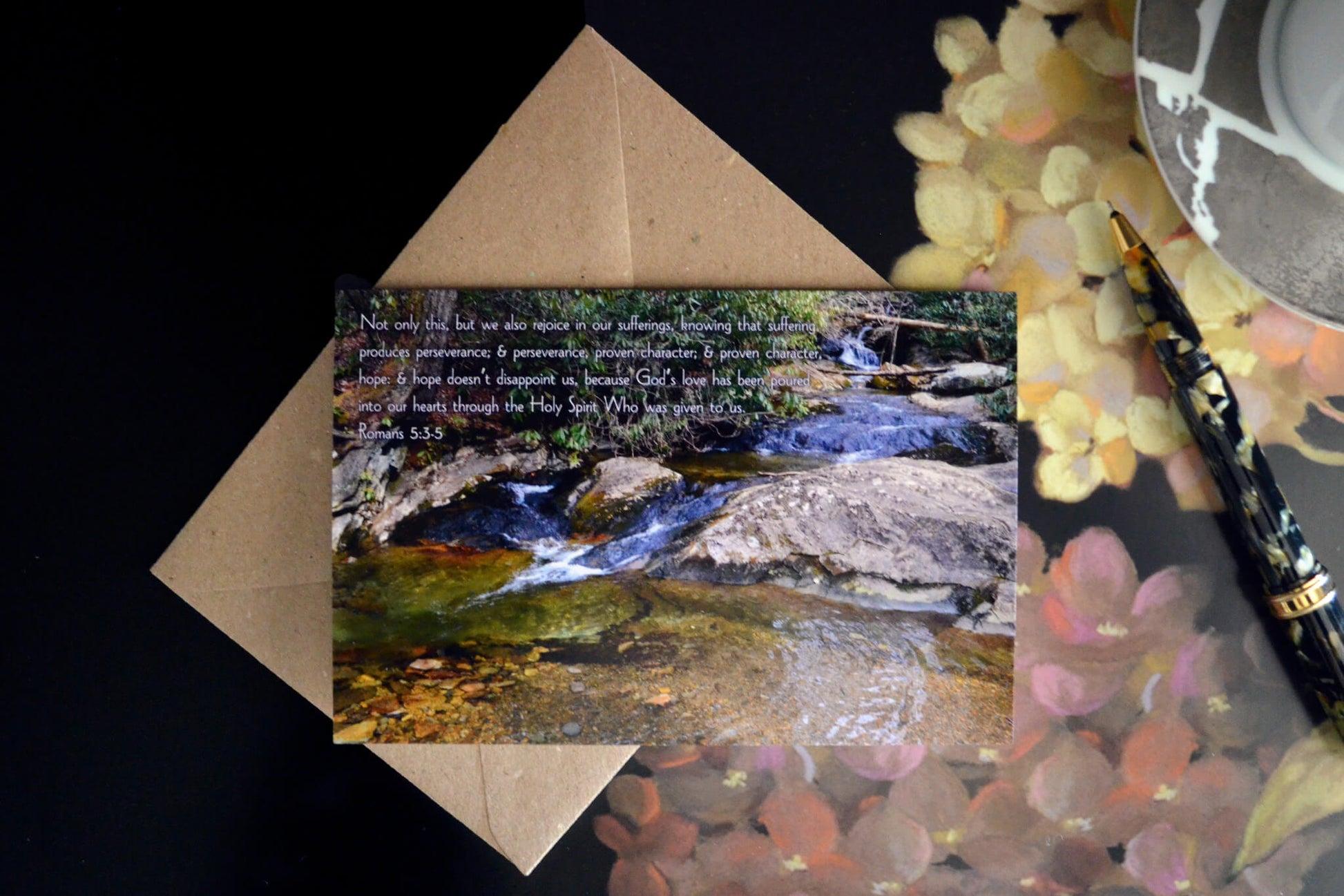 Romans 5:3-5 Linville Falls Stream eco Christian greeting card