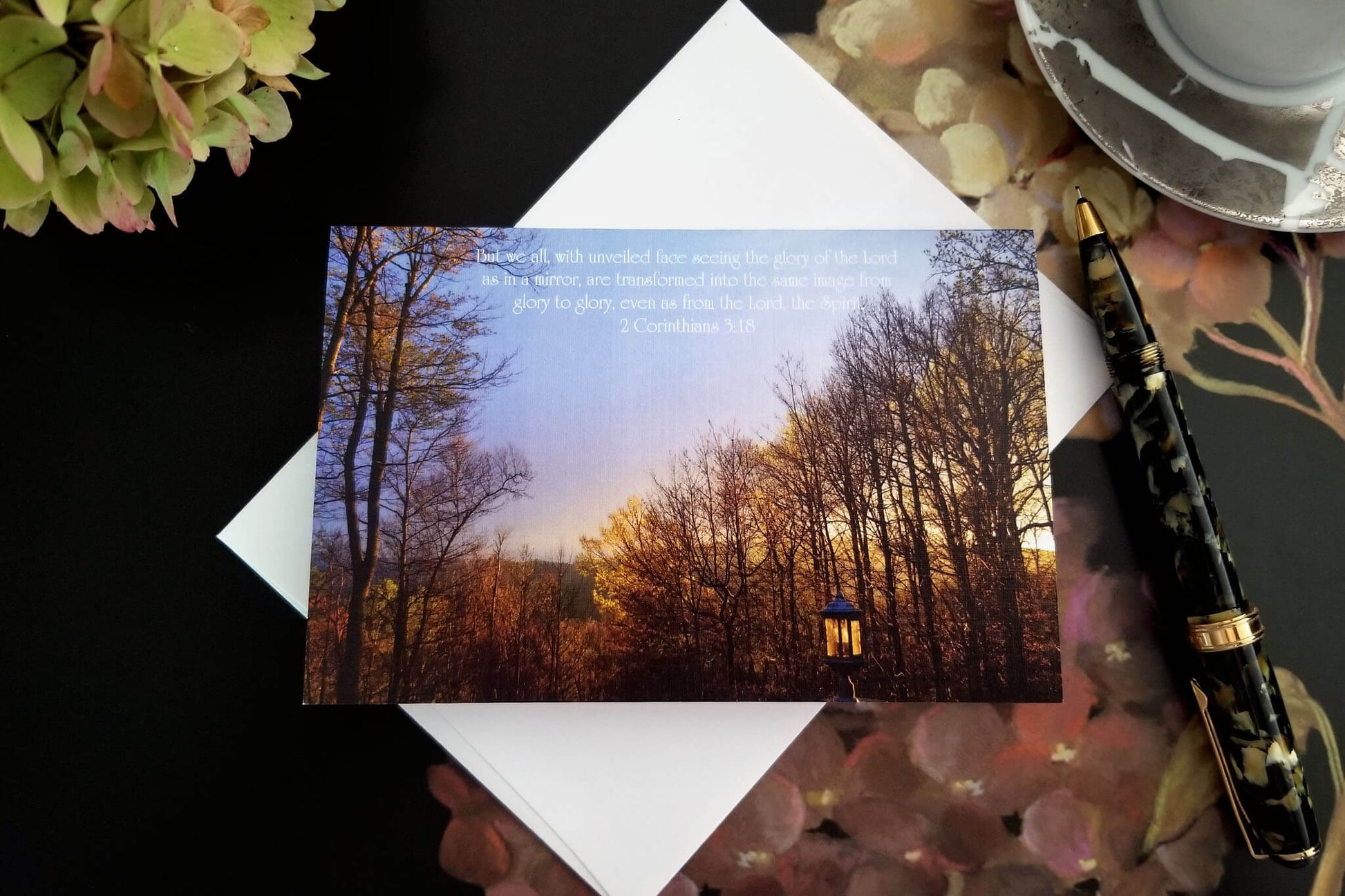 2 Corinthians 3 Sunset top fold card shown on linen