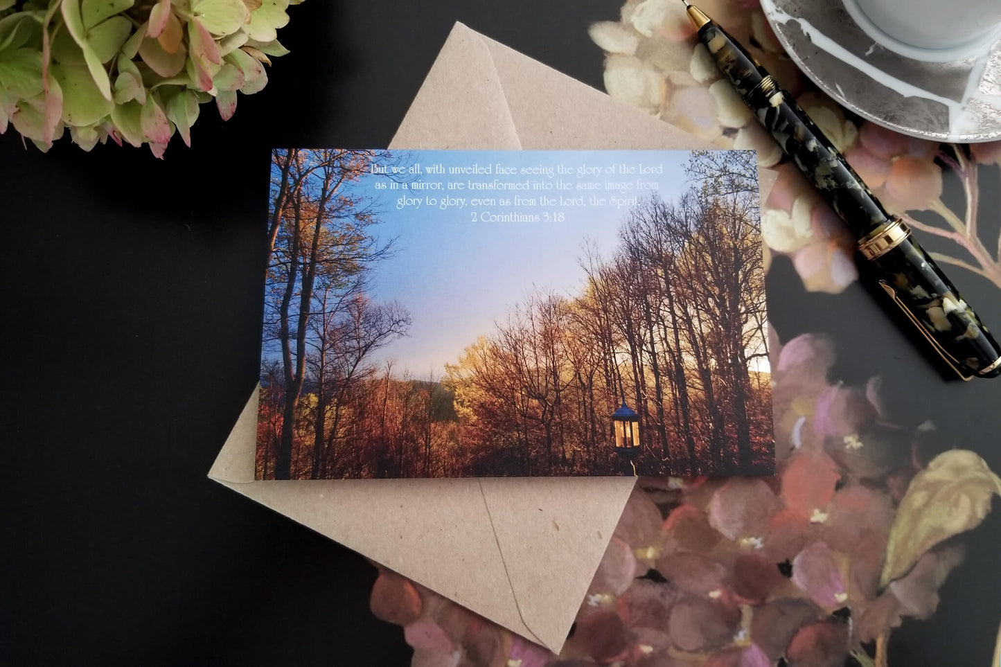 2 Corinthians 3 landscape at sunset Eco Christians greeting card