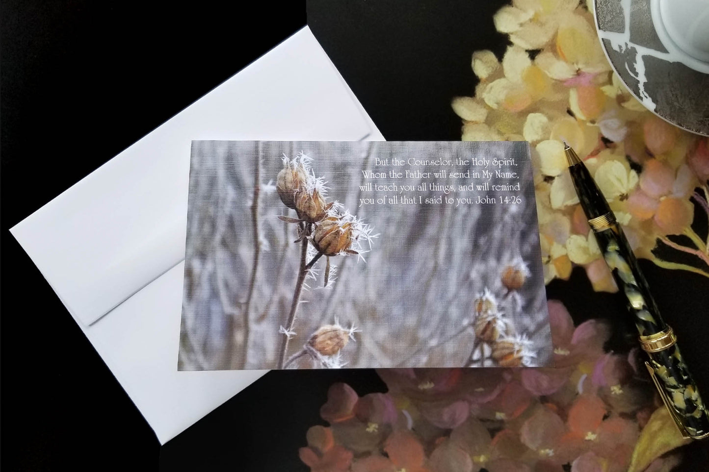 John 14:26 Hoarfrost on Rose of Sharon FW Christian greeting card