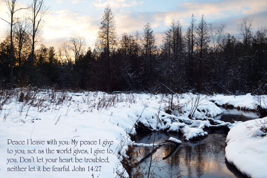 John14 Woodsong Snowy Sunset Landscape with River Christian greeting card