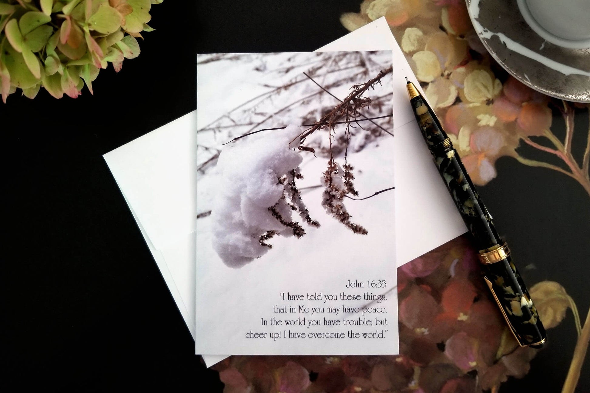 John 16 Snowy Field at Woodsong shown on a side fold matte Christian greeting card