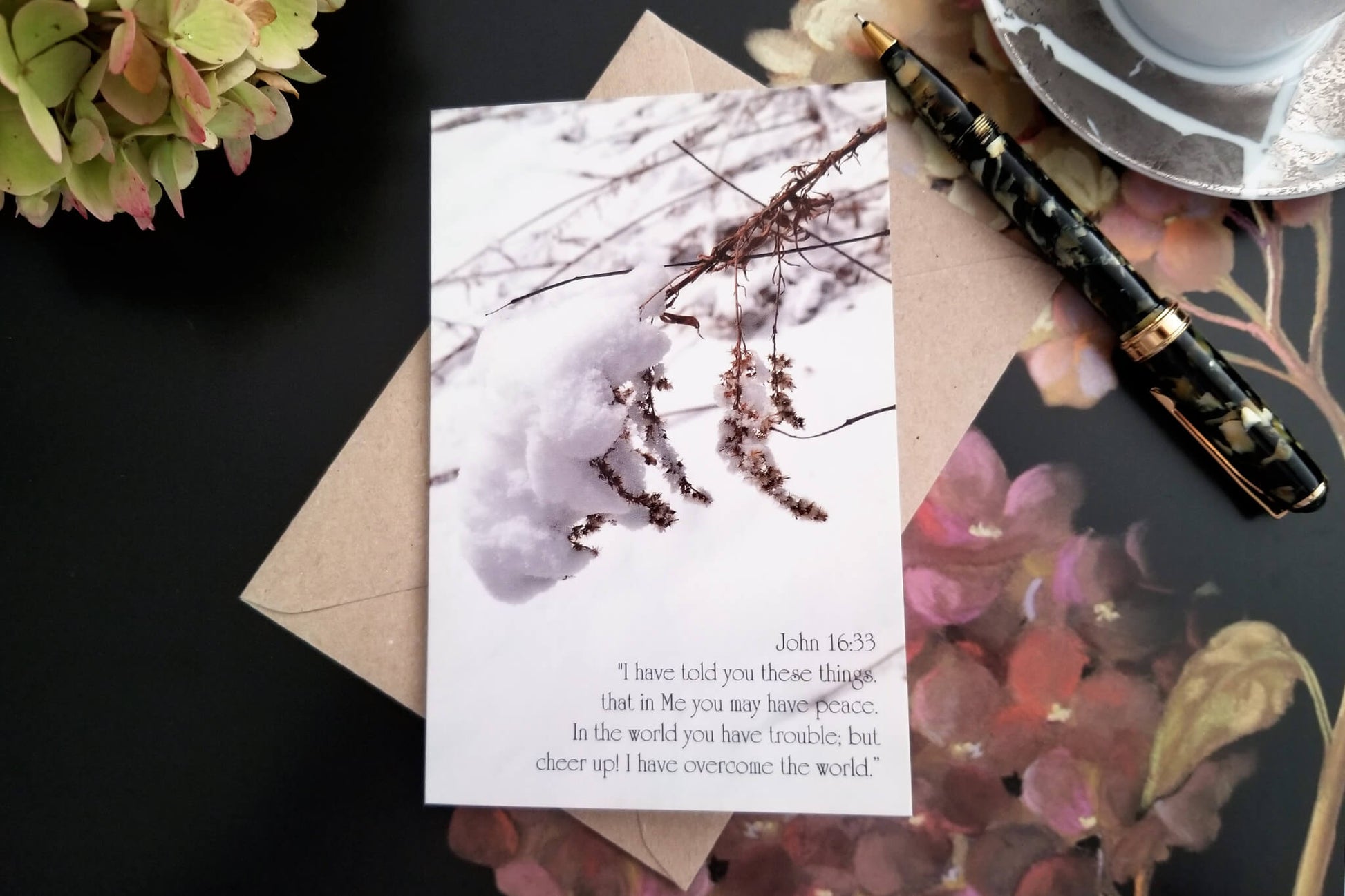 John 16 snowy field at Woodsong Eco Christian greeting card