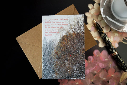 Merry Christmas inside Luke 2 Red Cardinals eco Christian greeting card