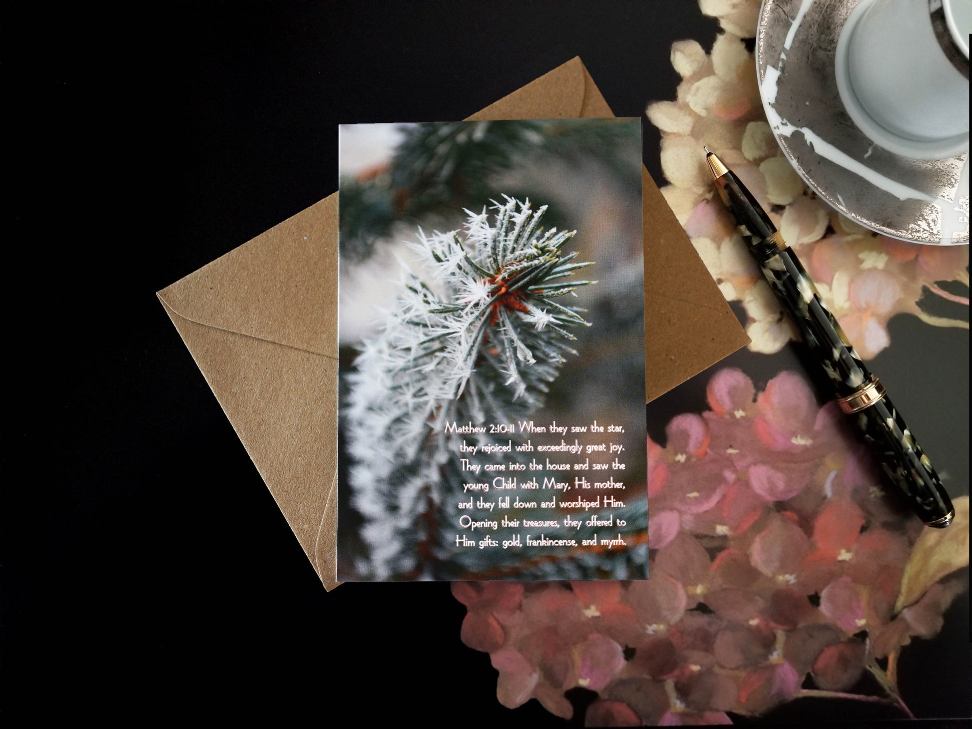 Merry Christmas inside Matthew 2 Hoarfrost on Spruce eco Christian greeting card