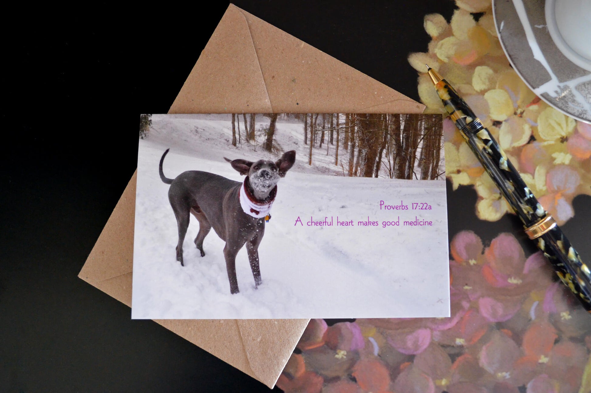 Proverbs 17:22a Puddles Laughter in the Snow Eco Christian greeting card