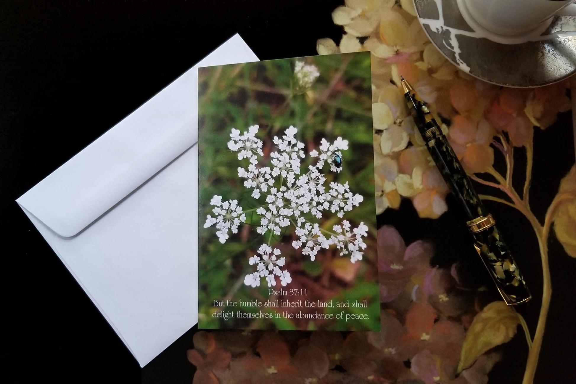 Psalm 37:11 Queen Anne's Lace with Teal Beetle FW Christian greeting card