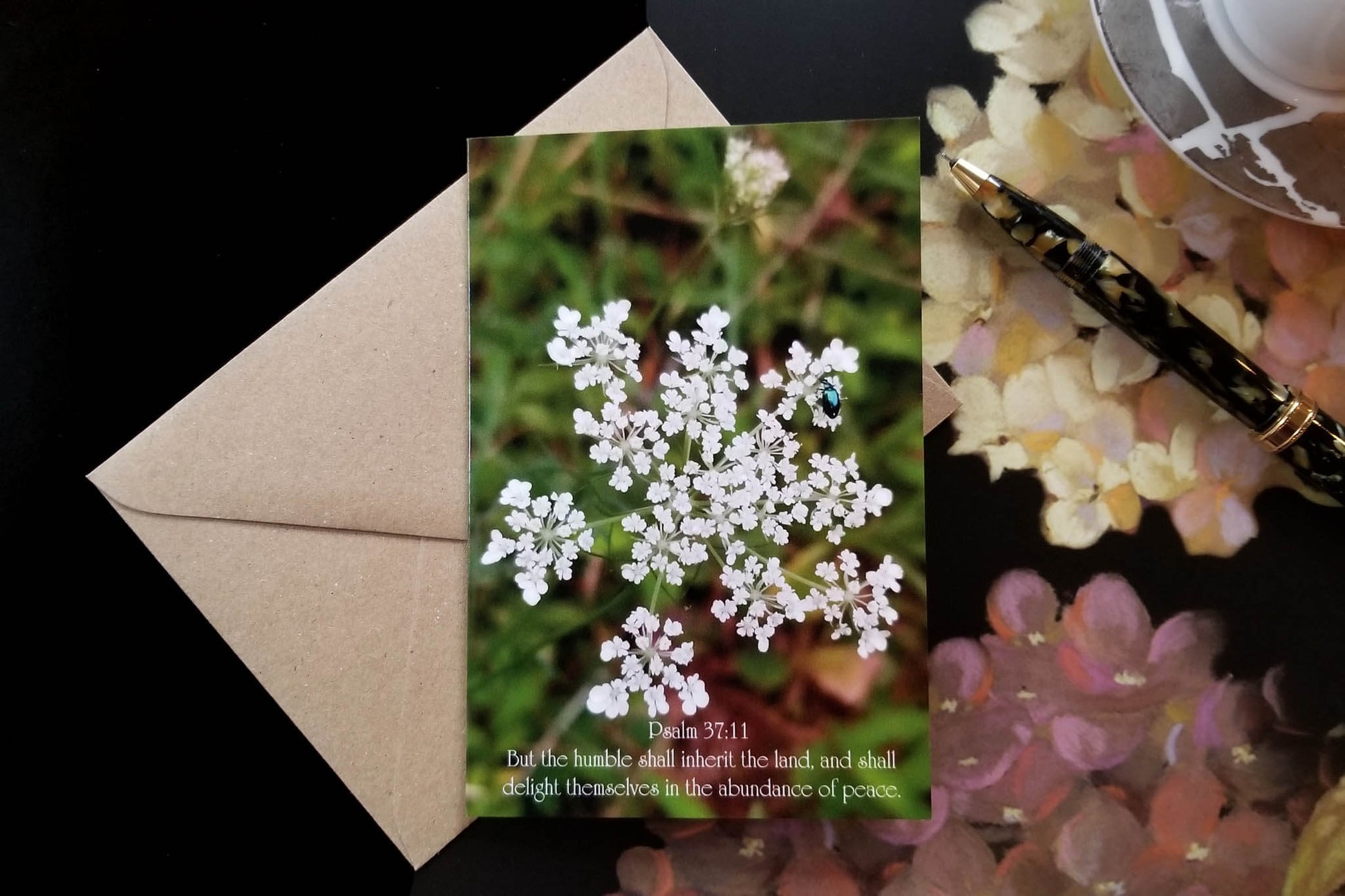 Psalm 37:11 Queen Anne's Lace with Teal Beetle eco Christian greeting card