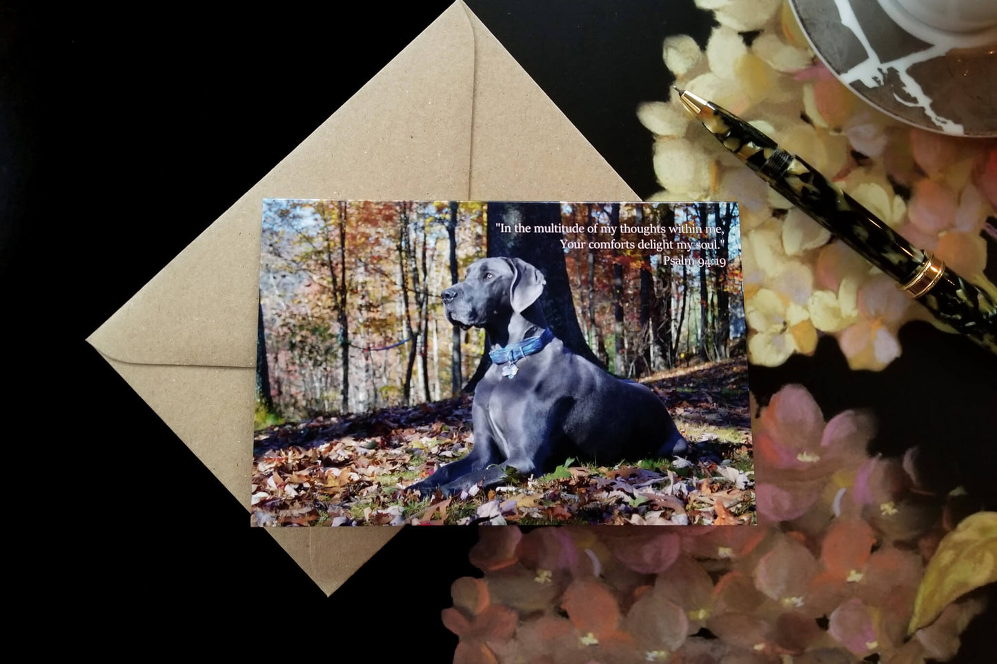 Psalm 94:19 Puddles in Fall Leaves eco Christian greeting card