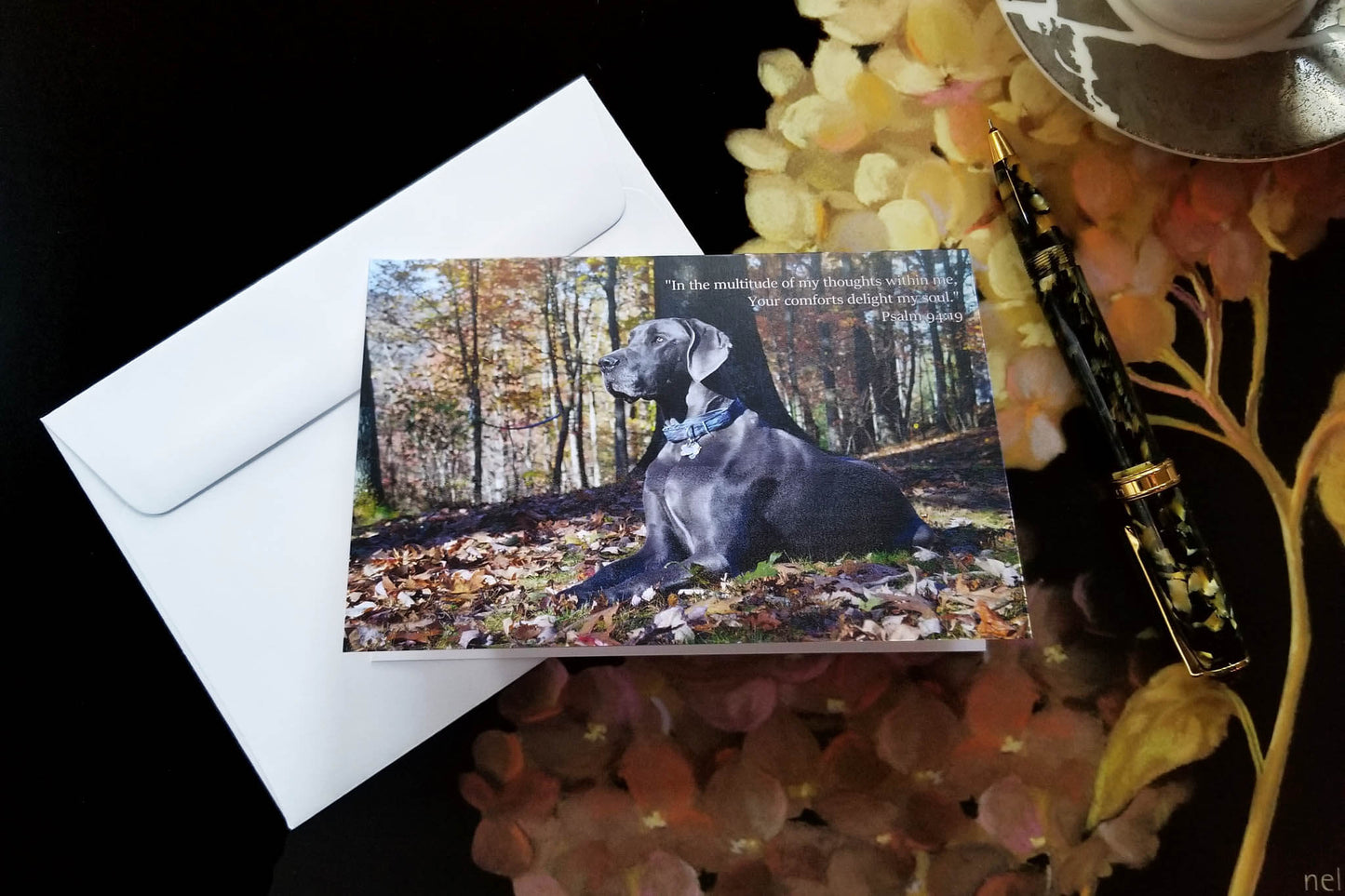 Psalm 94:19 Puddles in Fall Leaves FW Christian greeting card