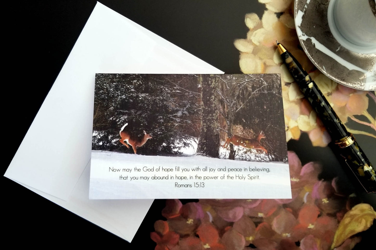 Merry Christmas inside Romans 15 Prancing Deer Christian greeting card