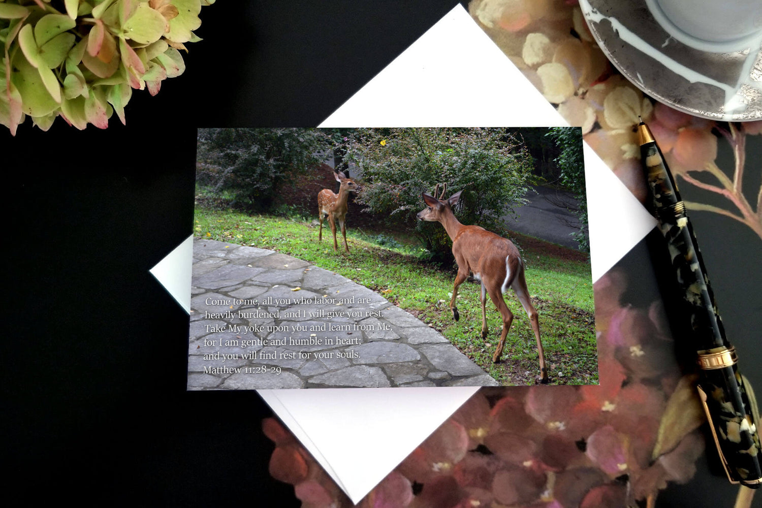 Matthew 11 Fawn and Buck Christian greeting card with pen, cup, and hydrangea