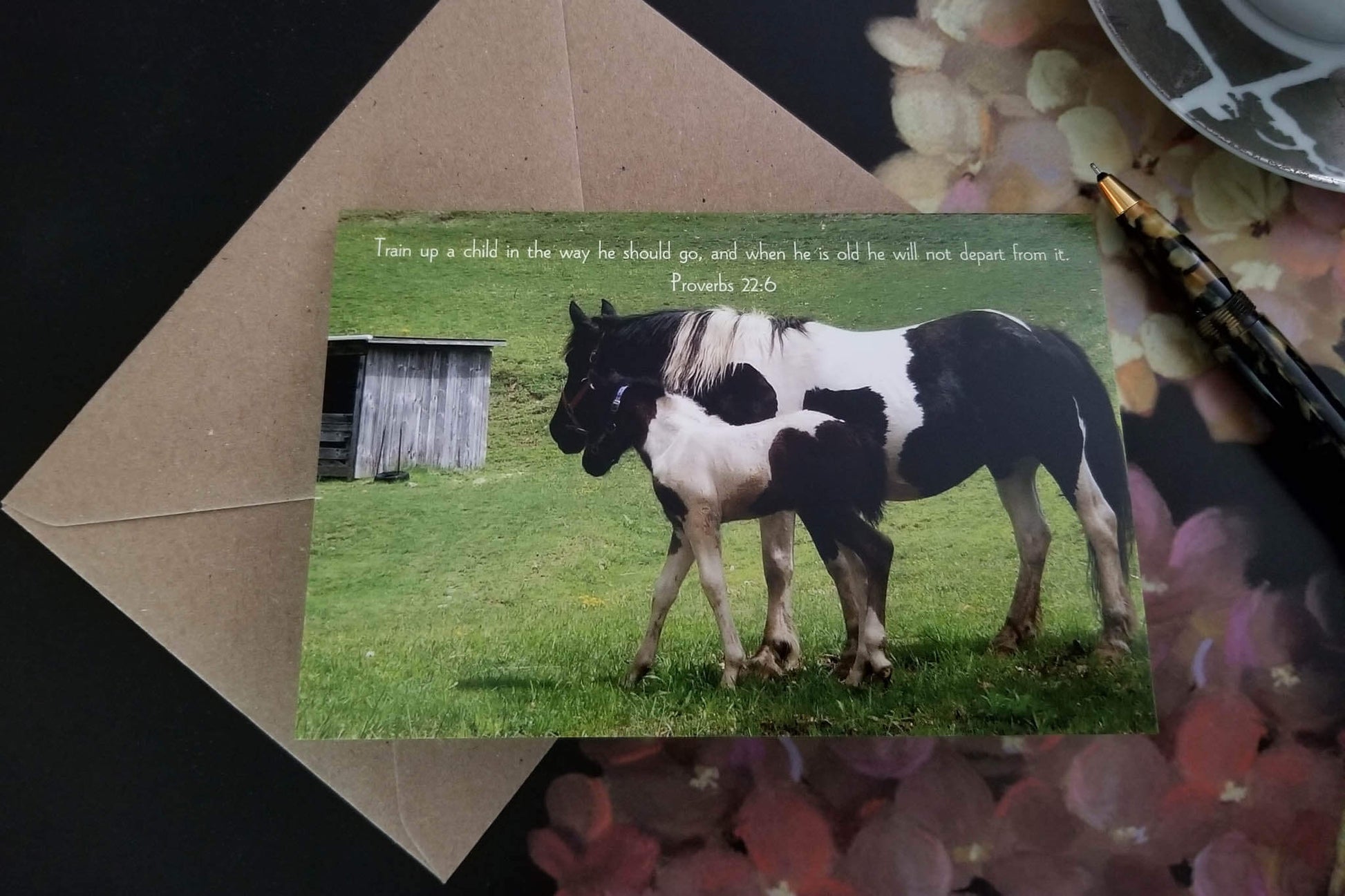 Proverbs 22:6 eco Foal and Mare Christian greeting card