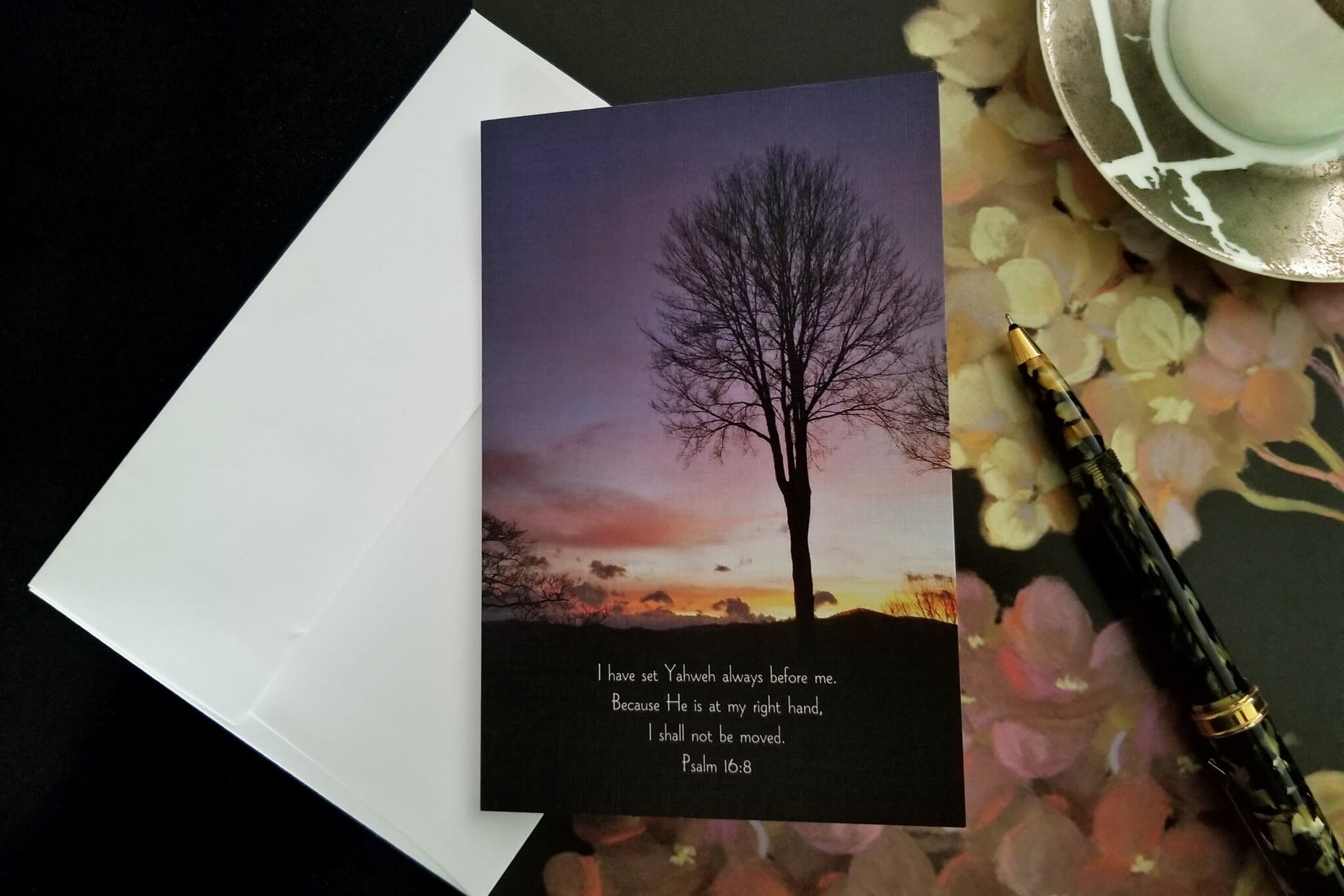 Psalm 16:8 Lone Tree at Sunset FW Christian greeting card