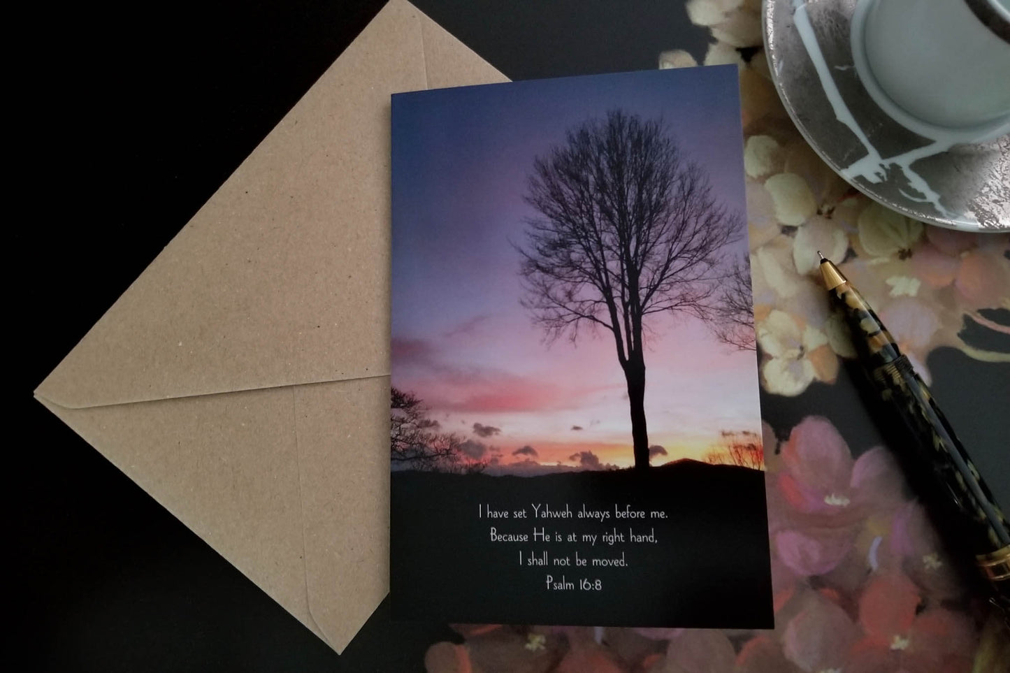 Psalm 16:8 Lone Tree at Sunset eco Christian greeting card