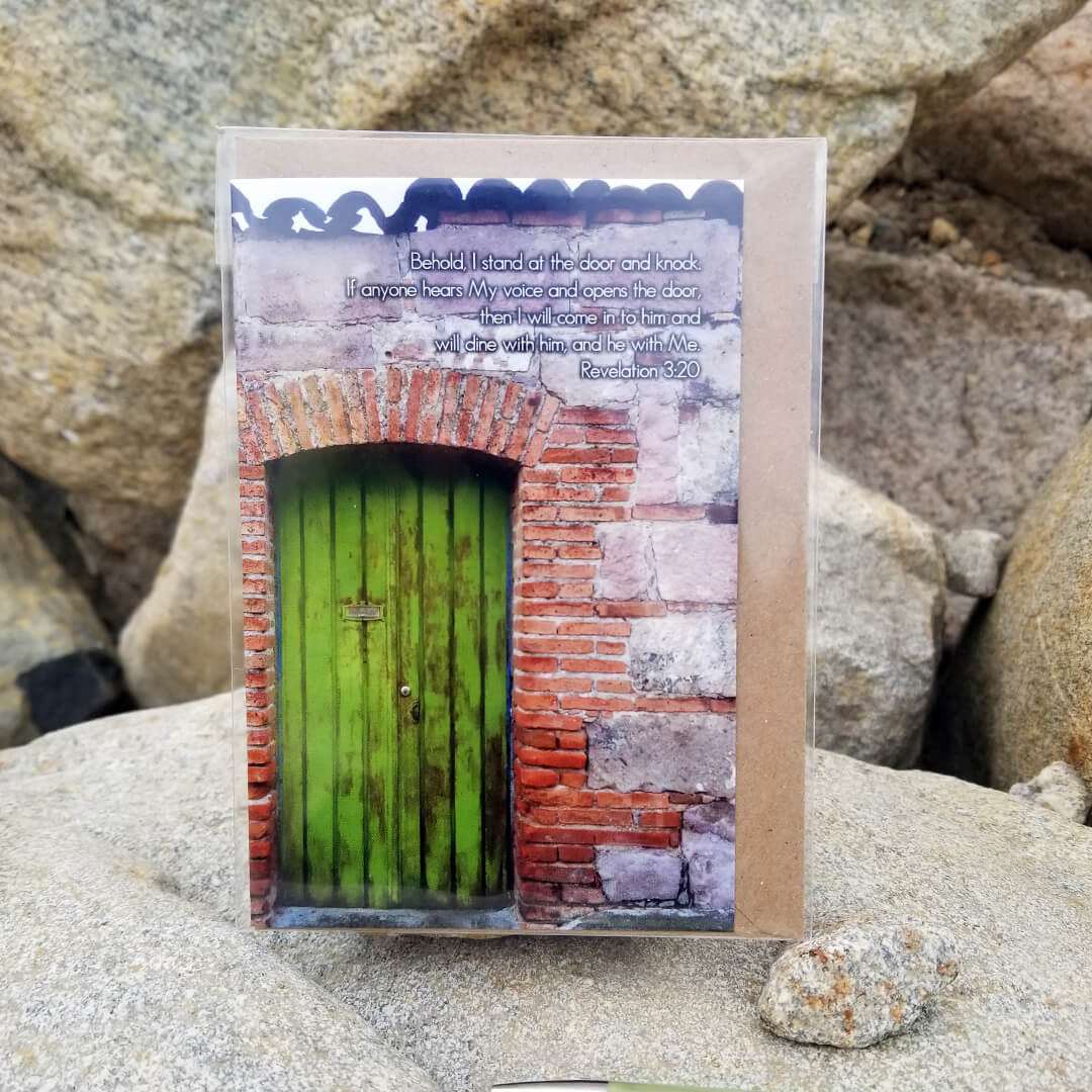 Revelation 3:20 Green Door Barnabas Notes Travels eco Christian greeting card