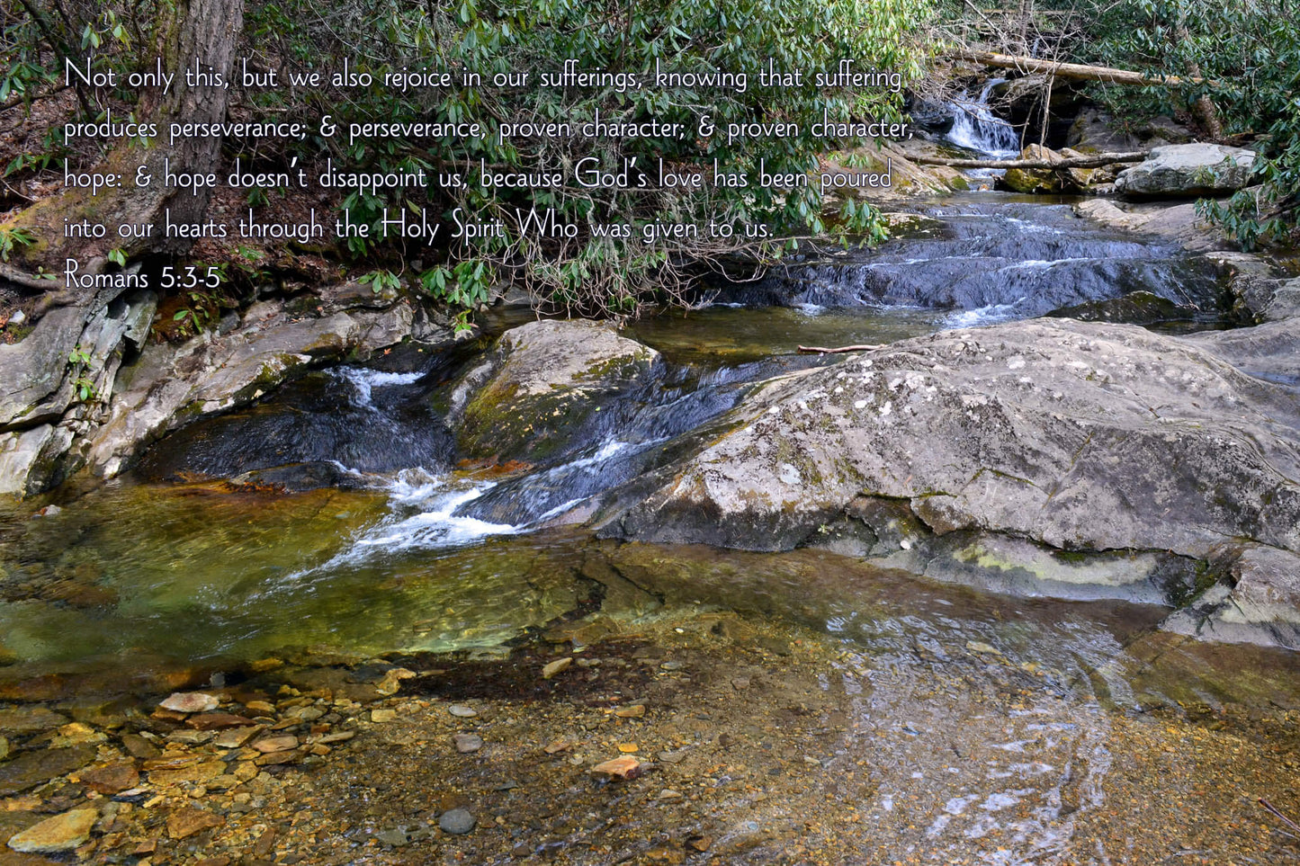 Romans 5:3-5 Linville Falls Stream Christian greeting card