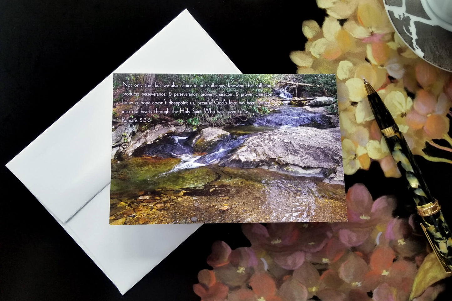 Romans 5:3-5 Linville Falls Stream FW Christian greeting card