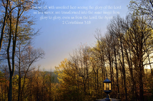 2 Corinthians 3:18 with a spring sunset photography on a Christian greeting card