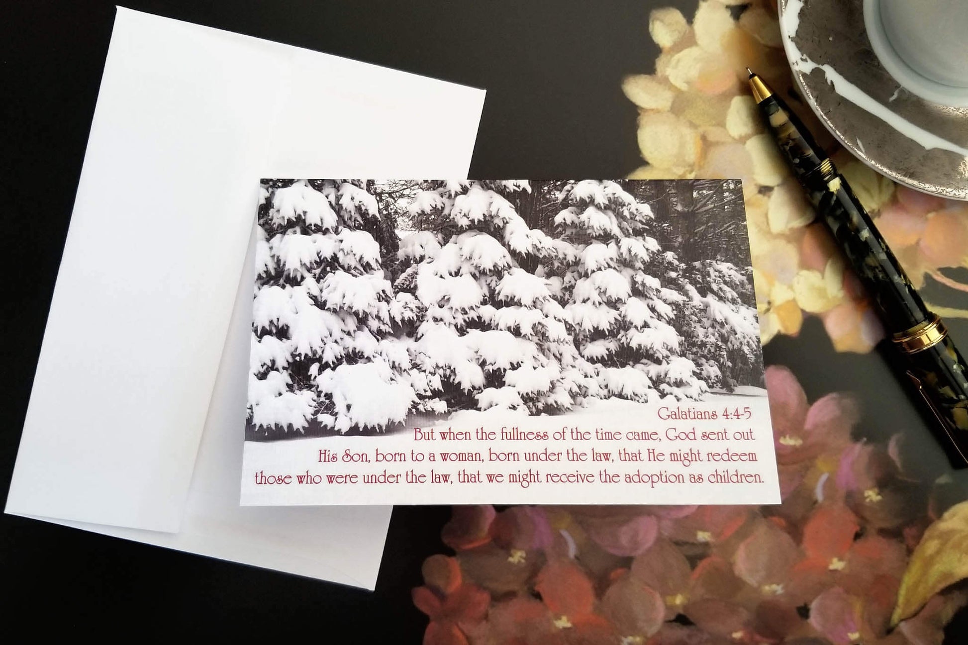 Galatians 4:4-5 Snowy Pines FW Christian Christmas greeting card