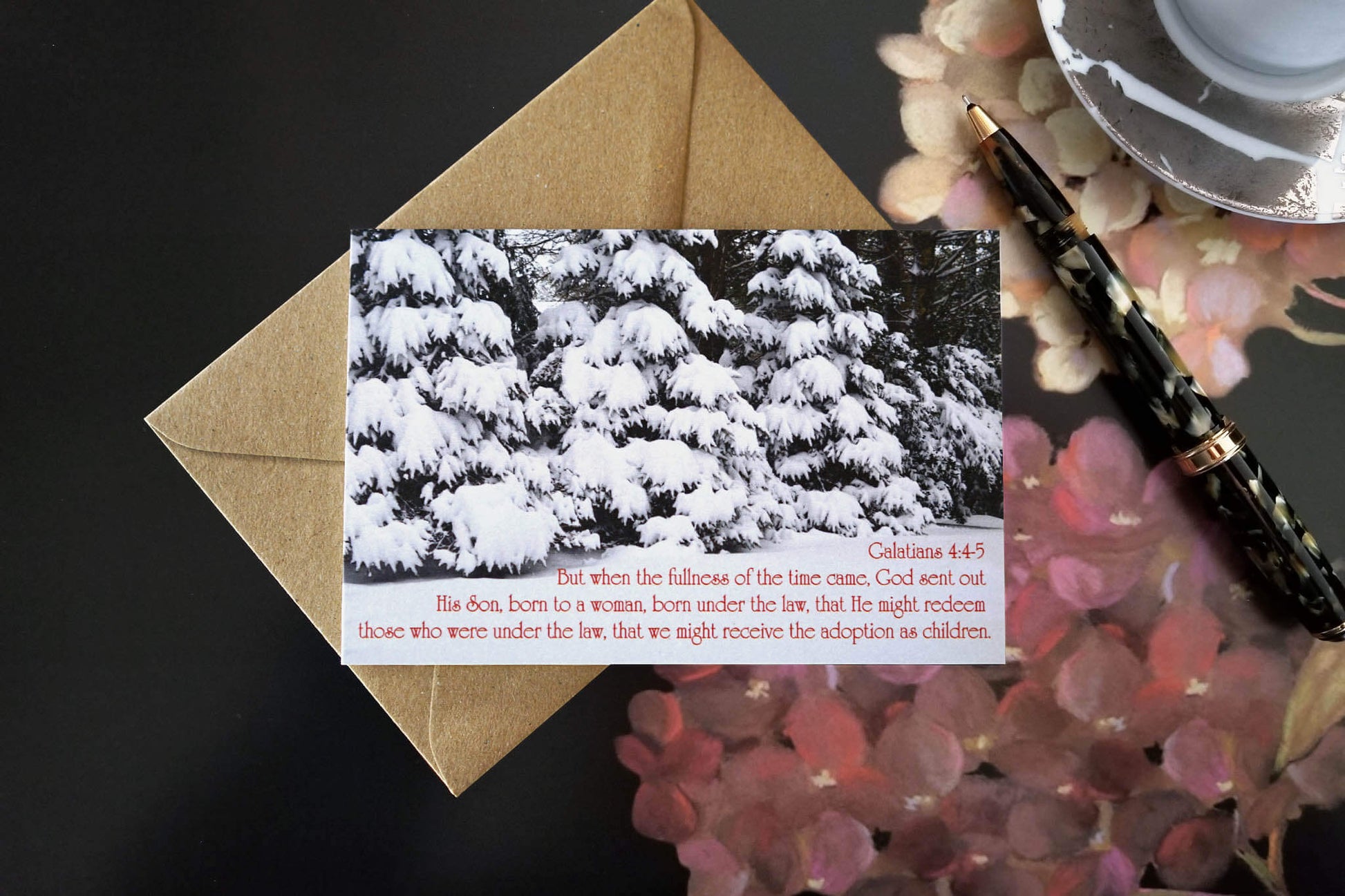 Merry Christmas inside Galatians 4 Snowy Pines eco Christian greeting card