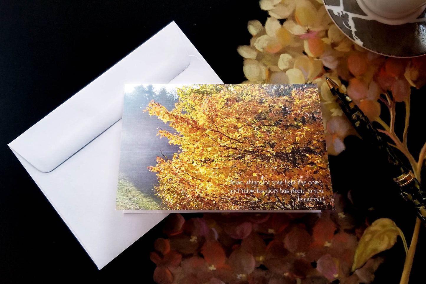 Isaiah 60 Sunrise Illuminating Golden Leaves FW Christian greeting card textured linen