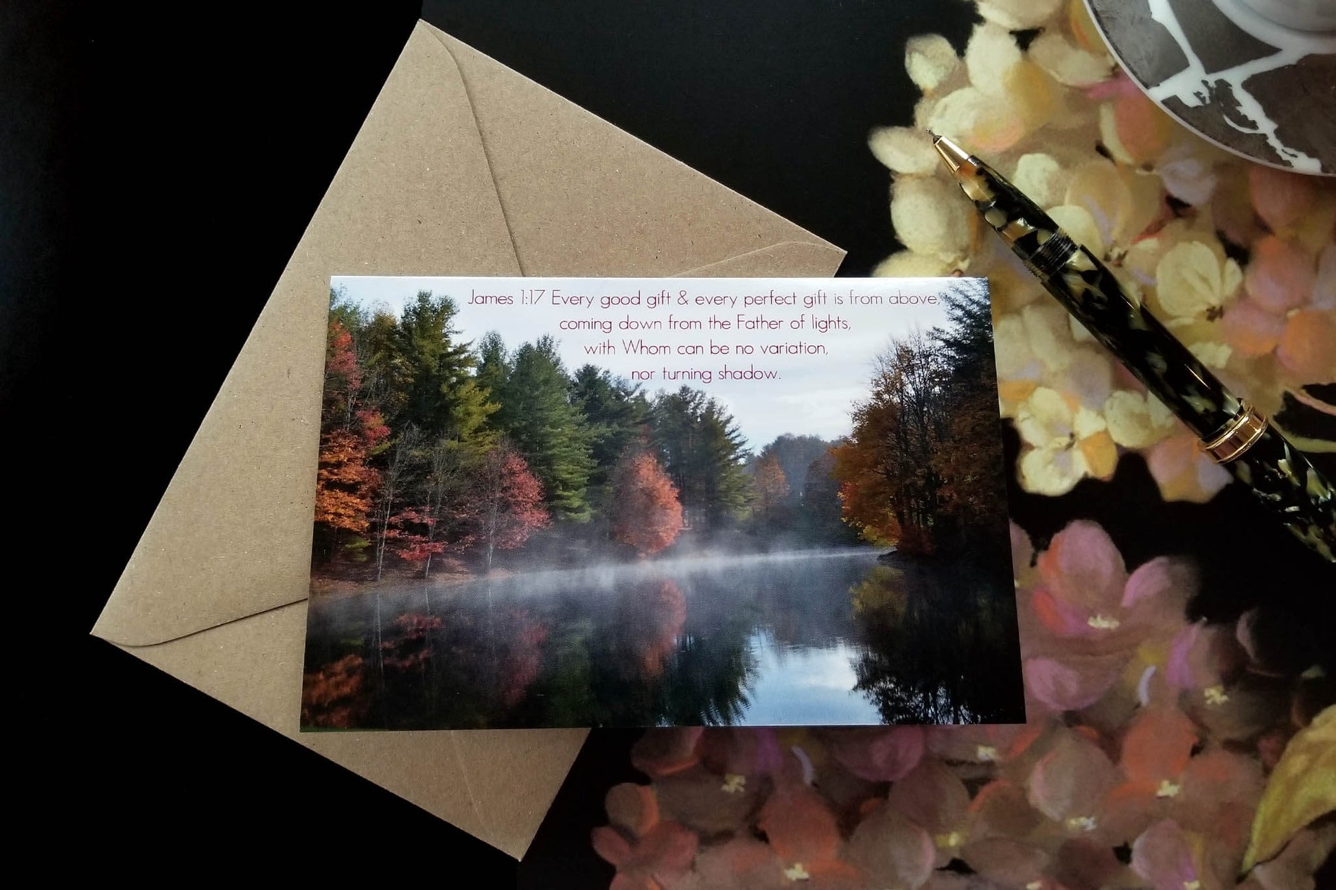 James 1 Steam Rising Off of Fall Pond eco Christian greeting card