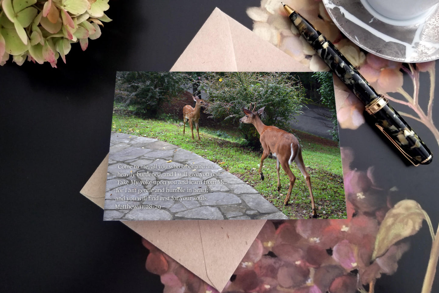 Matthew 11 buck and fawn compiled Eco Christian greeting card