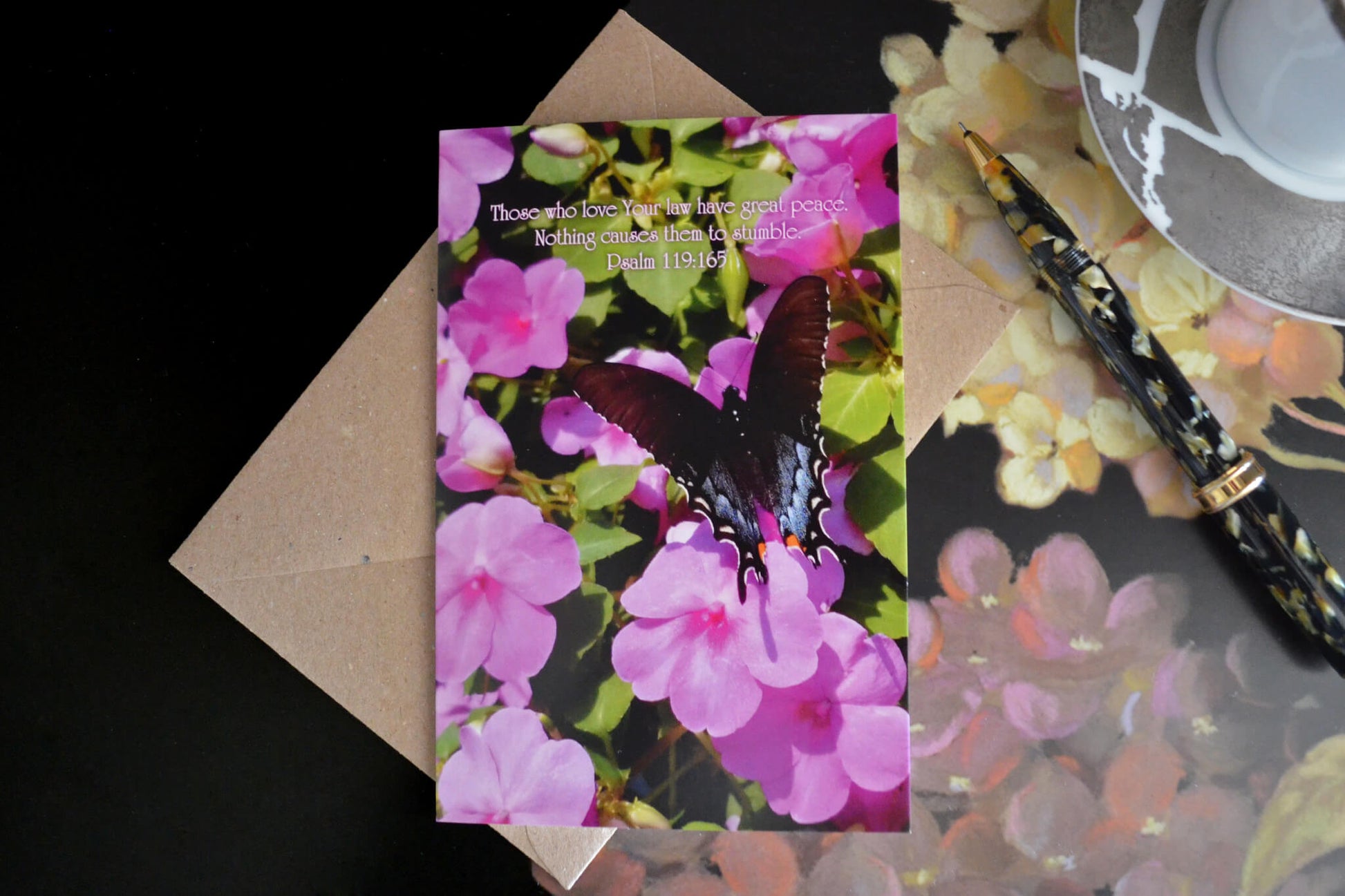 Psalm 119:165 Butterfly on Impatiens eco Christian greeting card