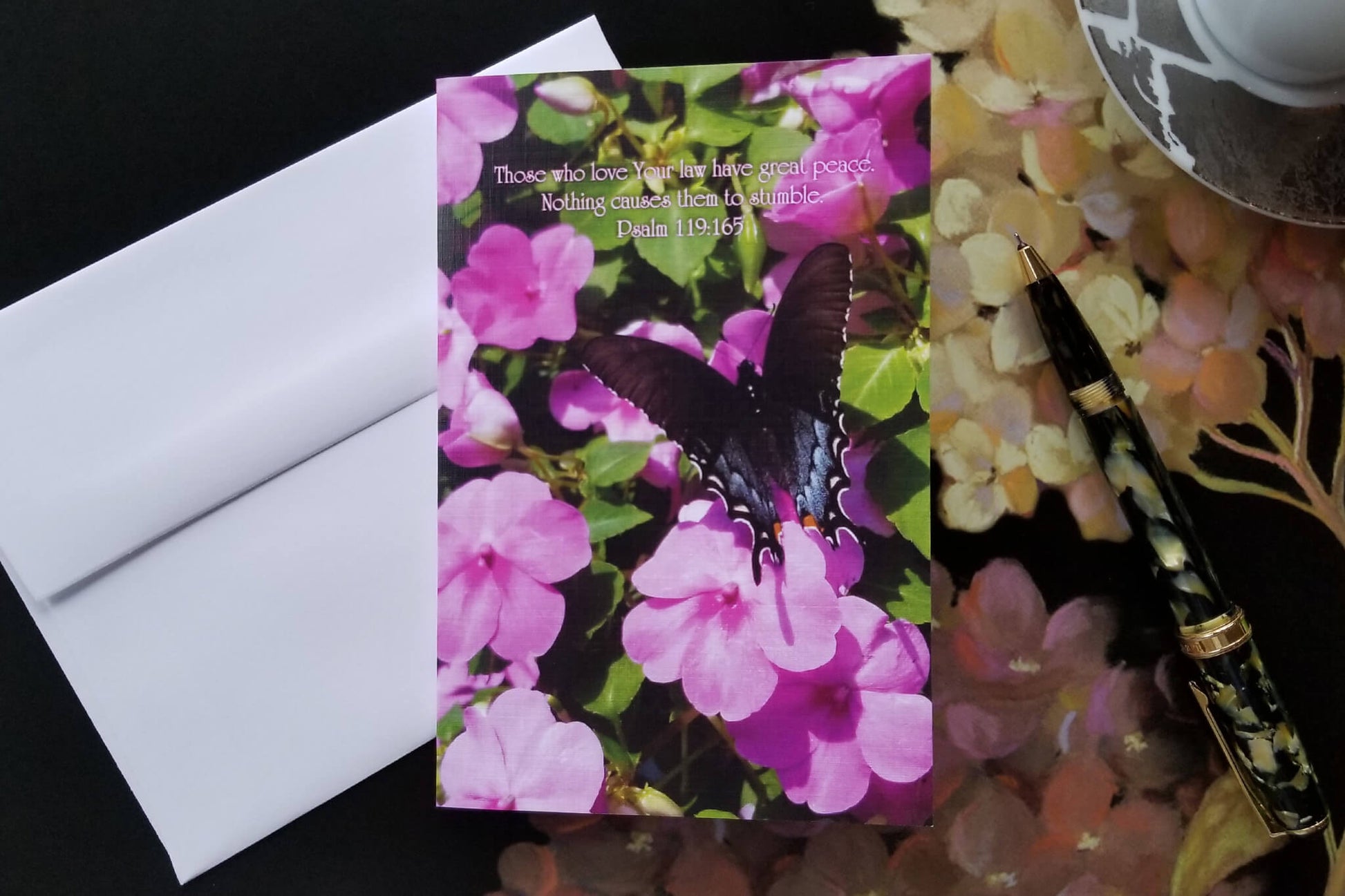 Psalm 119:165 Butterfly on Impatiens FW Christian greeting card