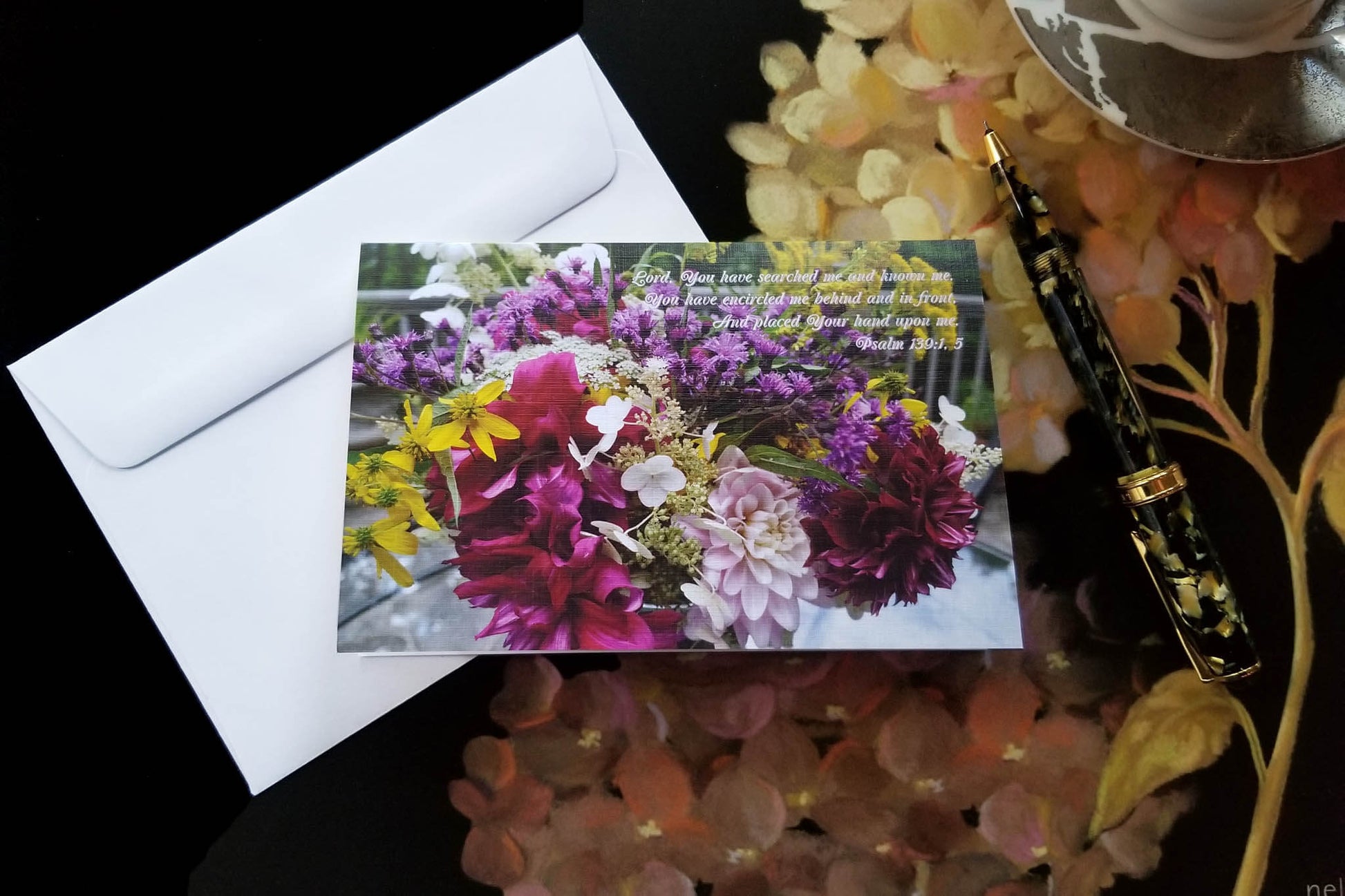 Textured linen Psalm 139:1, 5 Floral Arrangement FW Christian greeting card