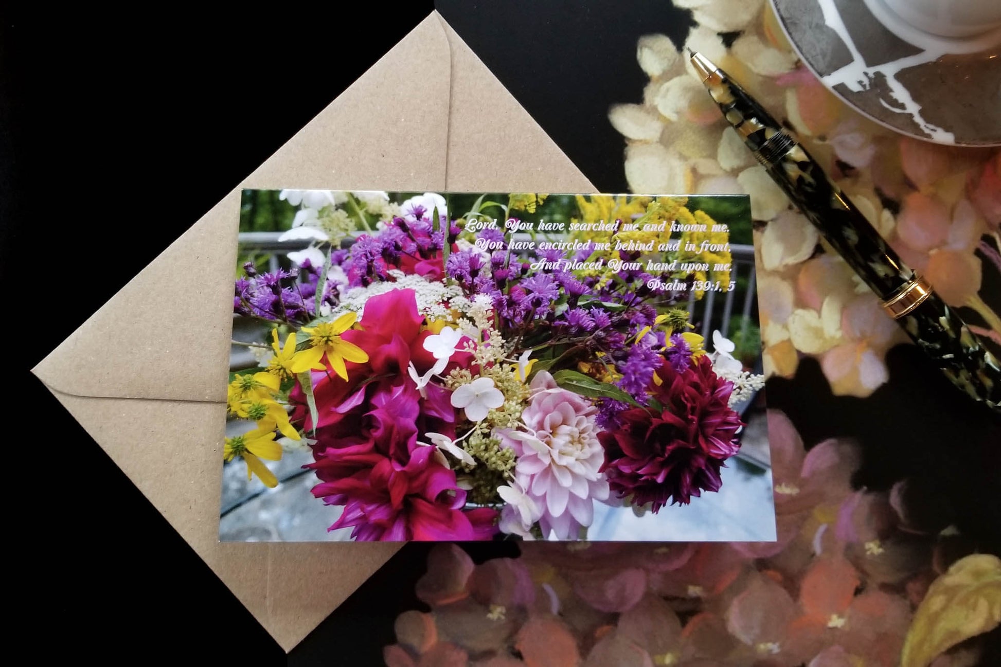 Glossy Psalm 139:1, 5 Floral Arrangement eco Christian greeting card