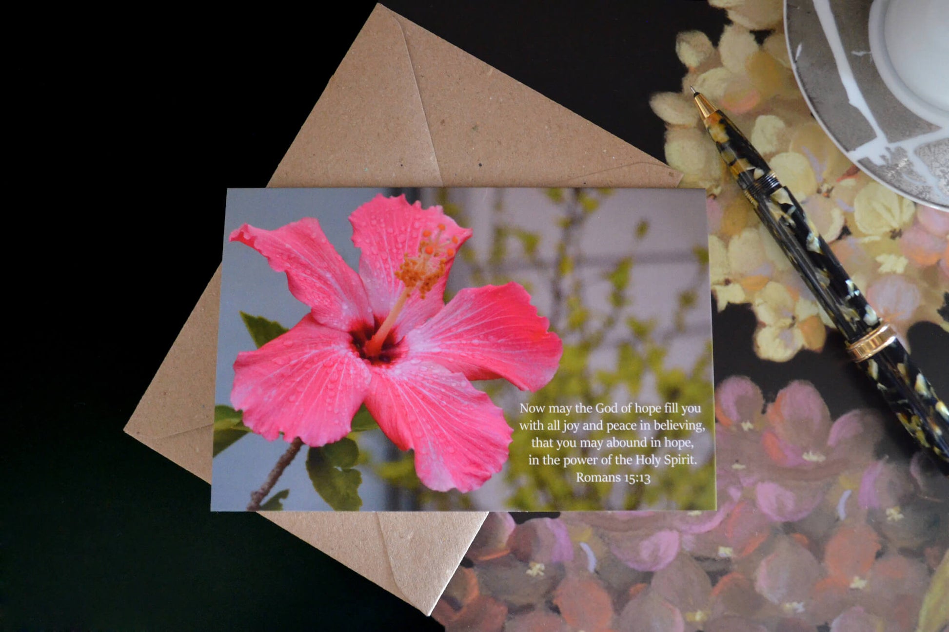 Romans 15:13 Dew Covered Hibiscus eco Christian greeting card