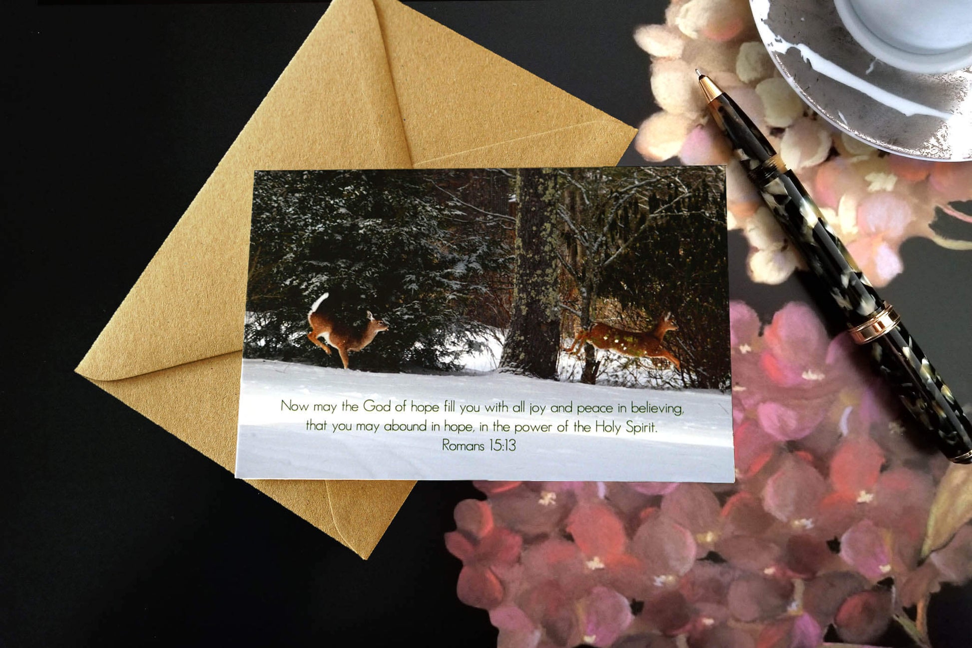 Romans 15:13 Prancing Deer eco Christian Christmas greeting card